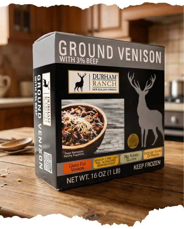 Retail package of ground venison on a kitchen counter